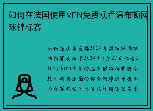 如何在法国使用VPN免费观看温布顿网球锦标赛